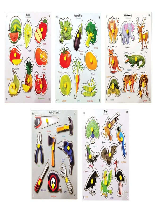Khilonewale Kid's Wooden Educational Colorful Fruits, Vegetables, Animals, Tools, Birds Set of 5 Board Puzzle for Pre School, Kid - Image 1